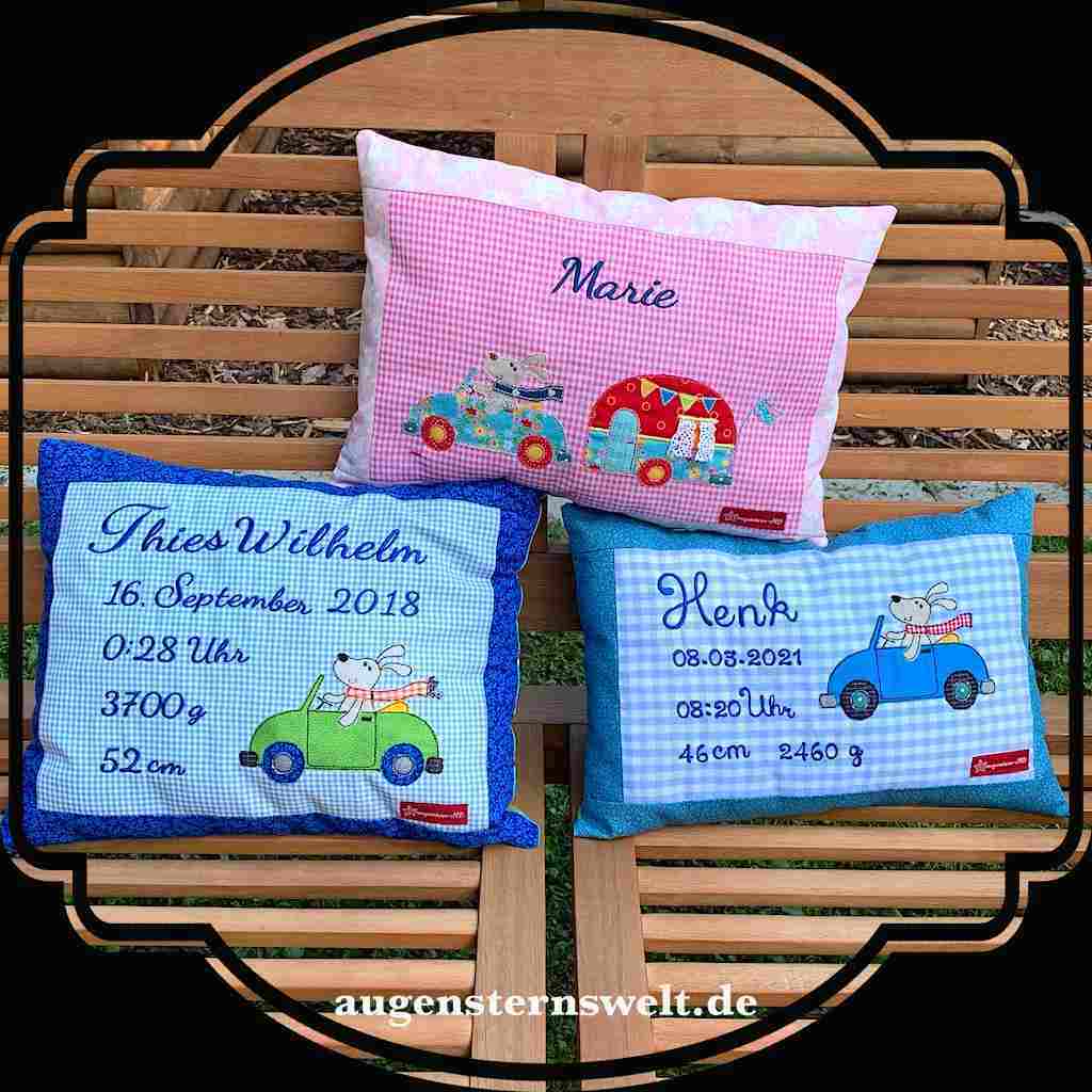 Featured Post Image - Drei Geburtserinnerungskissen mit Hund, Auto und Wohnwagen